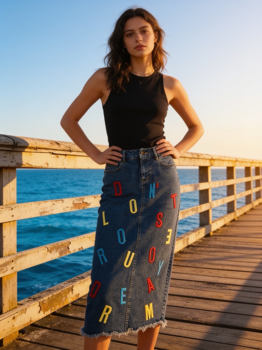 Annakiki Denim Blue Jean midi skirt Festival Acadamia Teacher